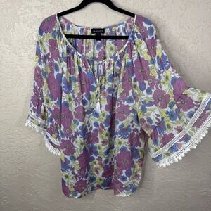 I.N. Studio Womens Boho Blouse size 3X Floral Pastel Cottagecore Romantic Lace